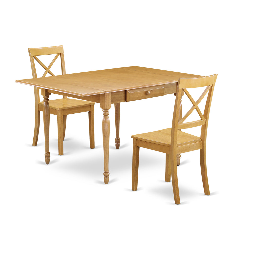East West Furniture MZBO3-OAK-W 3 Piece Kitchen Table & Chairs Set Contains a Rectangle Dining Room Table with Dropleaf and 2 Solid Wood Seat Chairs, 36x54 Inch, Oak