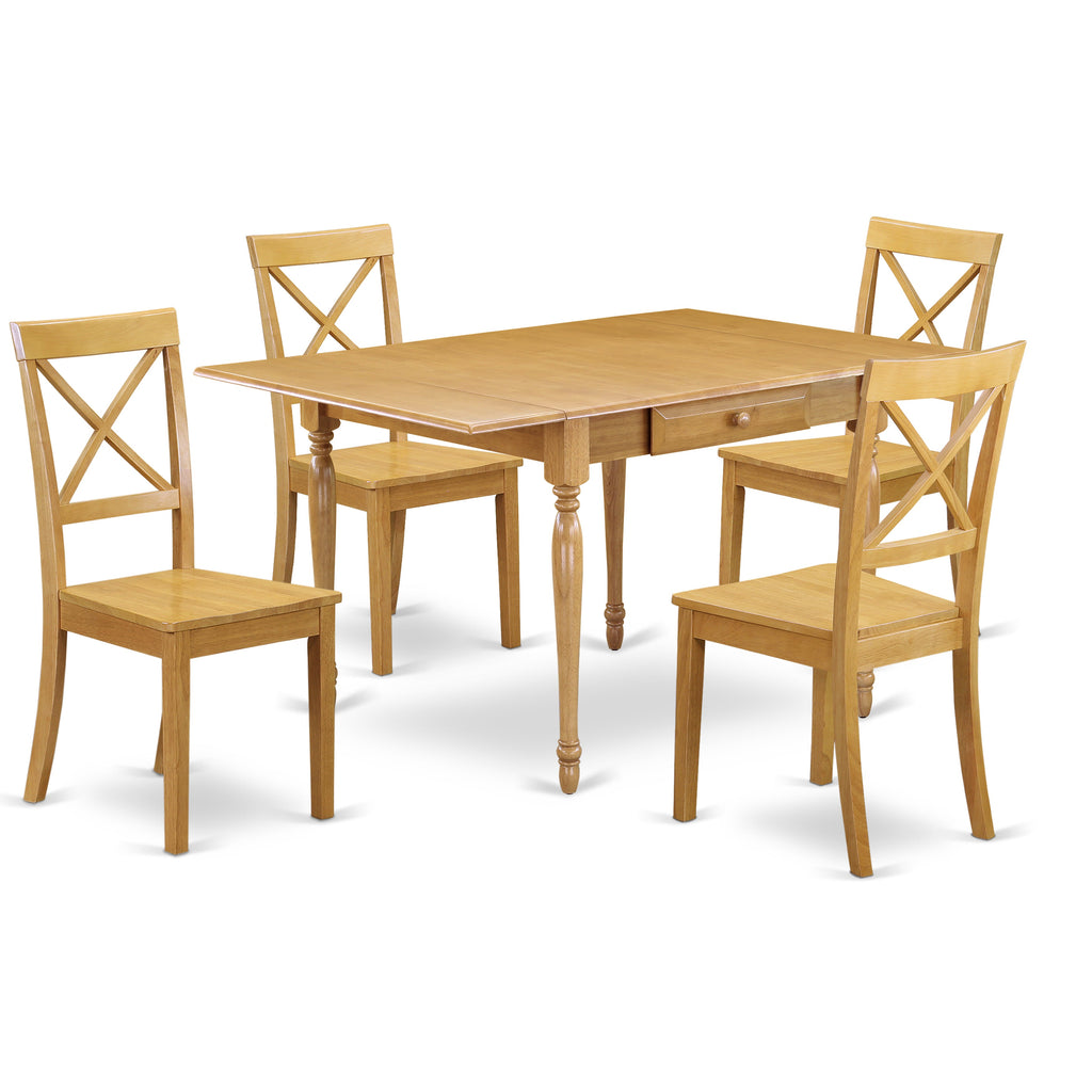 East West Furniture MZBO5-OAK-W 5 Piece Kitchen Table Set for 4 Includes a Rectangle Dining Room Table with Dropleaf and 4 Solid Wood Seat Chairs, 36x54 Inch, Oak