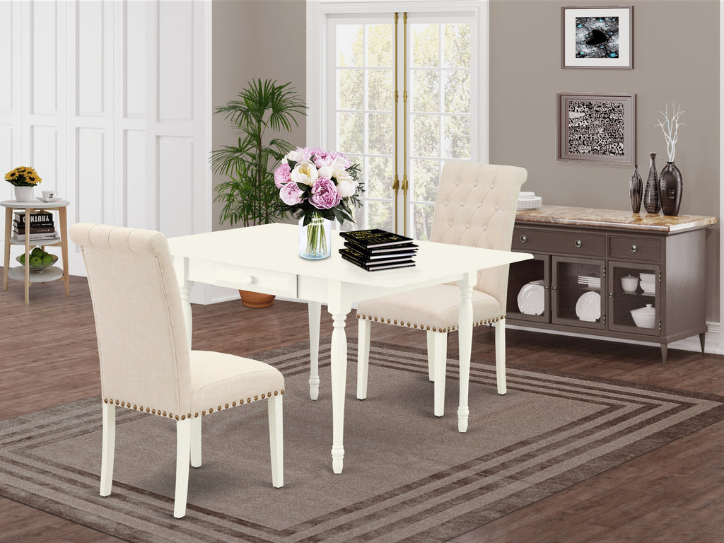 East West Furniture 1MZBR3-LWH-02 3 Piece Dining Room Furniture Set Contains a Rectangle Dining Table with Dropleaf and 2 Light Beige Linen Fabric Upholstered Chairs, 36x54 Inch, Linen White