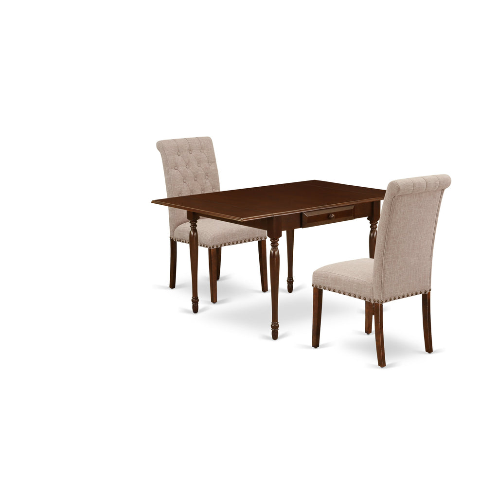 East West Furniture MZBR3-MAH-04 3 Piece Dining Table Set for Small Spaces Contains a Rectangle Dinner Table with Dropleaf and 2 Light Tan Linen Fabric Parson Chairs, 36x54 Inch, Mahogany