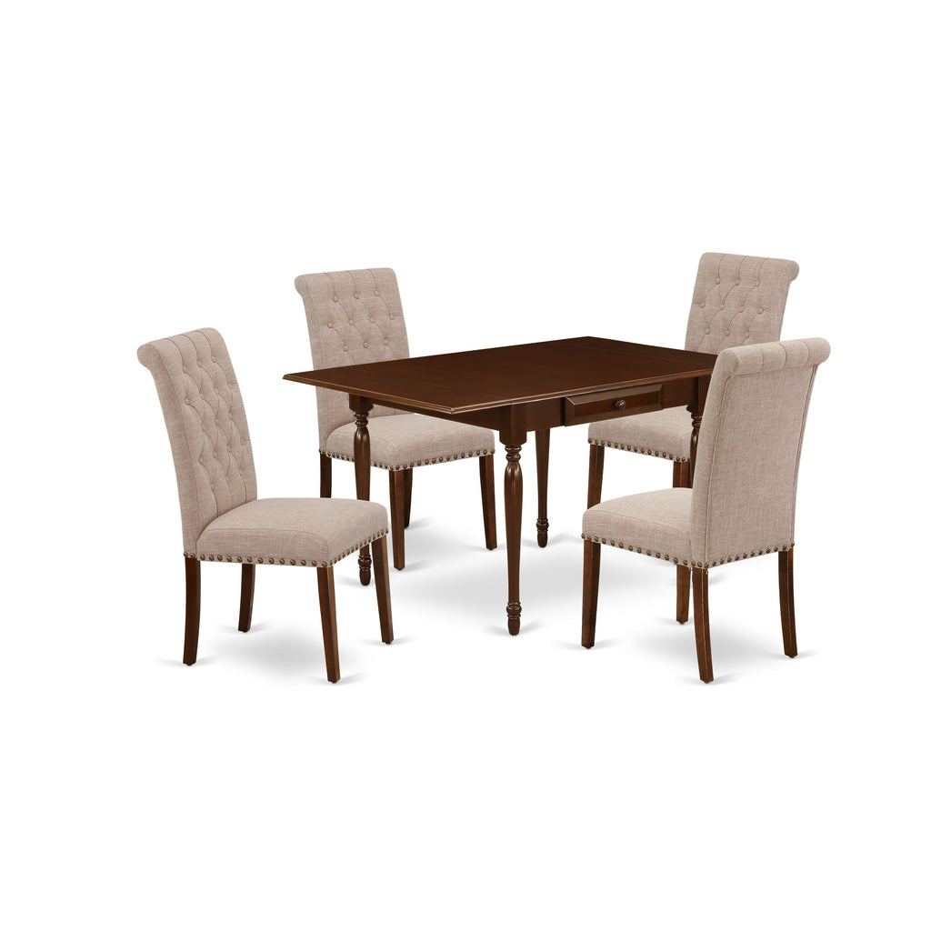 East West Furniture MZBR5-MAH-04 5 Piece Dining Room Furniture Set Includes a Rectangle Dining Table with Dropleaf and 4 Light Tan Linen Fabric Upholstered Chairs, 36x54 Inch, Mahogany