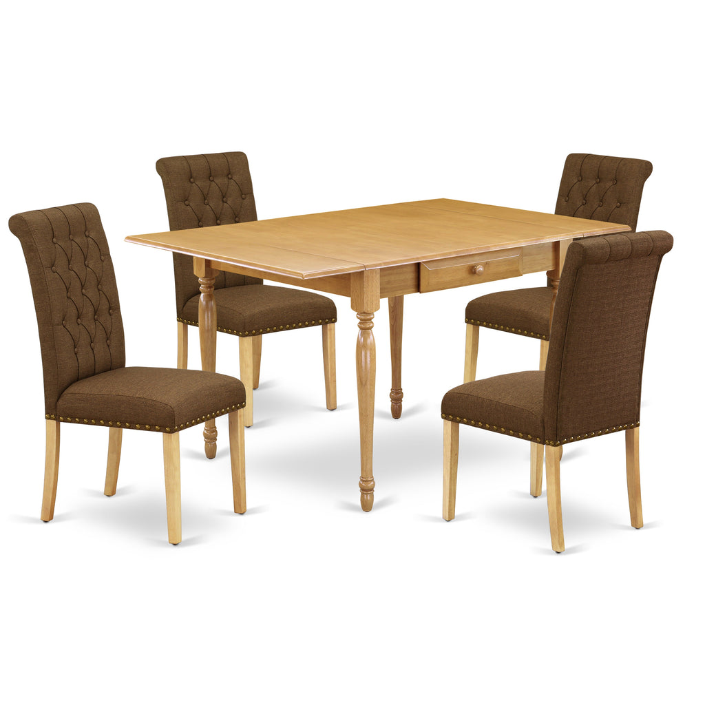 East West Furniture MZBR5-OAK-18 5 Piece Dining Table Set for 4 Includes a Rectangle Kitchen Table with Dropleaf and 4 Brown Linen Linen Fabric Parson Dining Chairs, 36x54 Inch, Oak