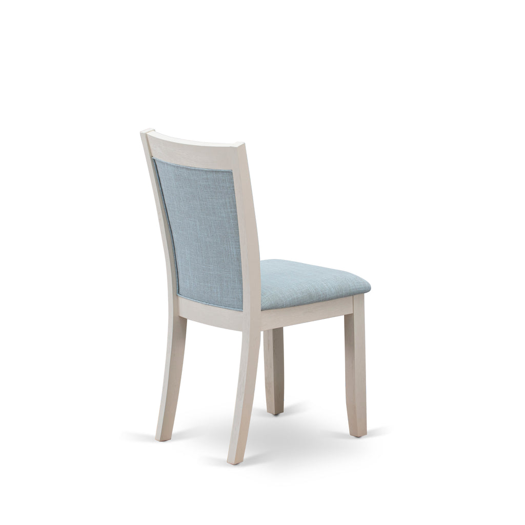 East West Furniture MZC0T15 Monza Parsons Dining Chairs - Baby Blue Linen Fabric Padded Chairs, Set of 2, Wirebrushed Linen White