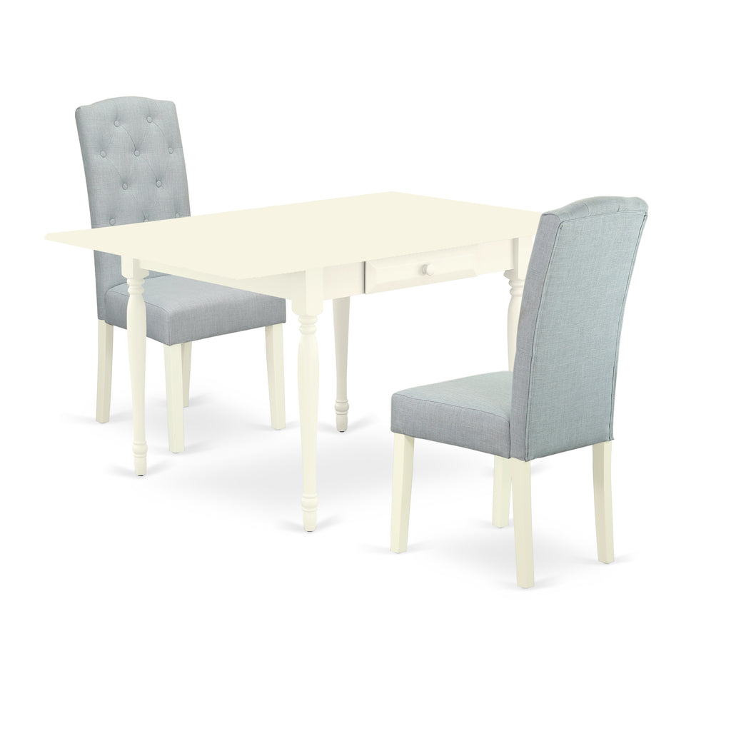 East West Furniture 1MZCE3-LWH-15 3 Piece Dining Table Set Contains a Rectangle Kitchen Table with Dropleaf and 2 Baby Blue Linen Fabric Parson Dining Room Chairs, 36x54 Inch, Linen White