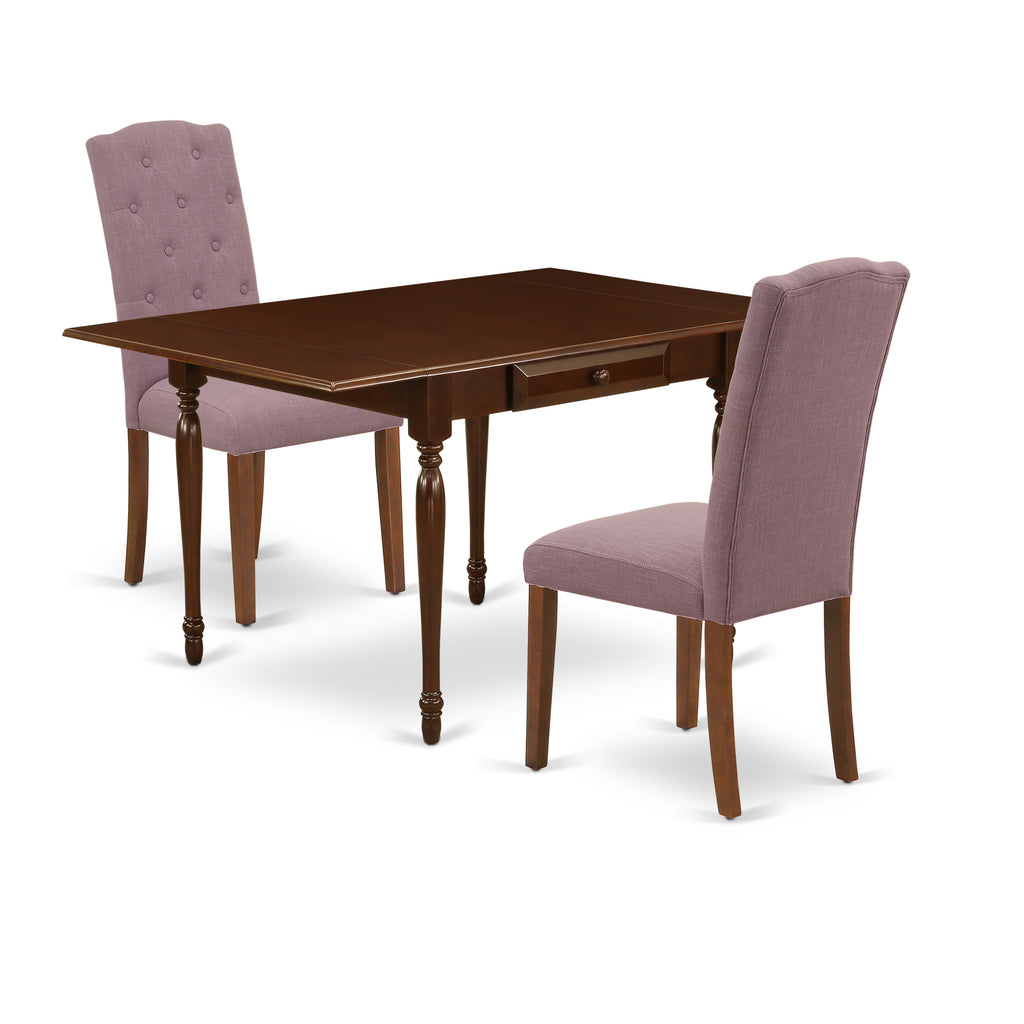 East West Furniture 1MZCE3-MAH-10 3 Piece Dining Room Furniture Set Contains a Rectangle Dining Table with Dropleaf and 2 Dahlia Linen Fabric Parsons Chairs, 36x54 Inch, Mahogany