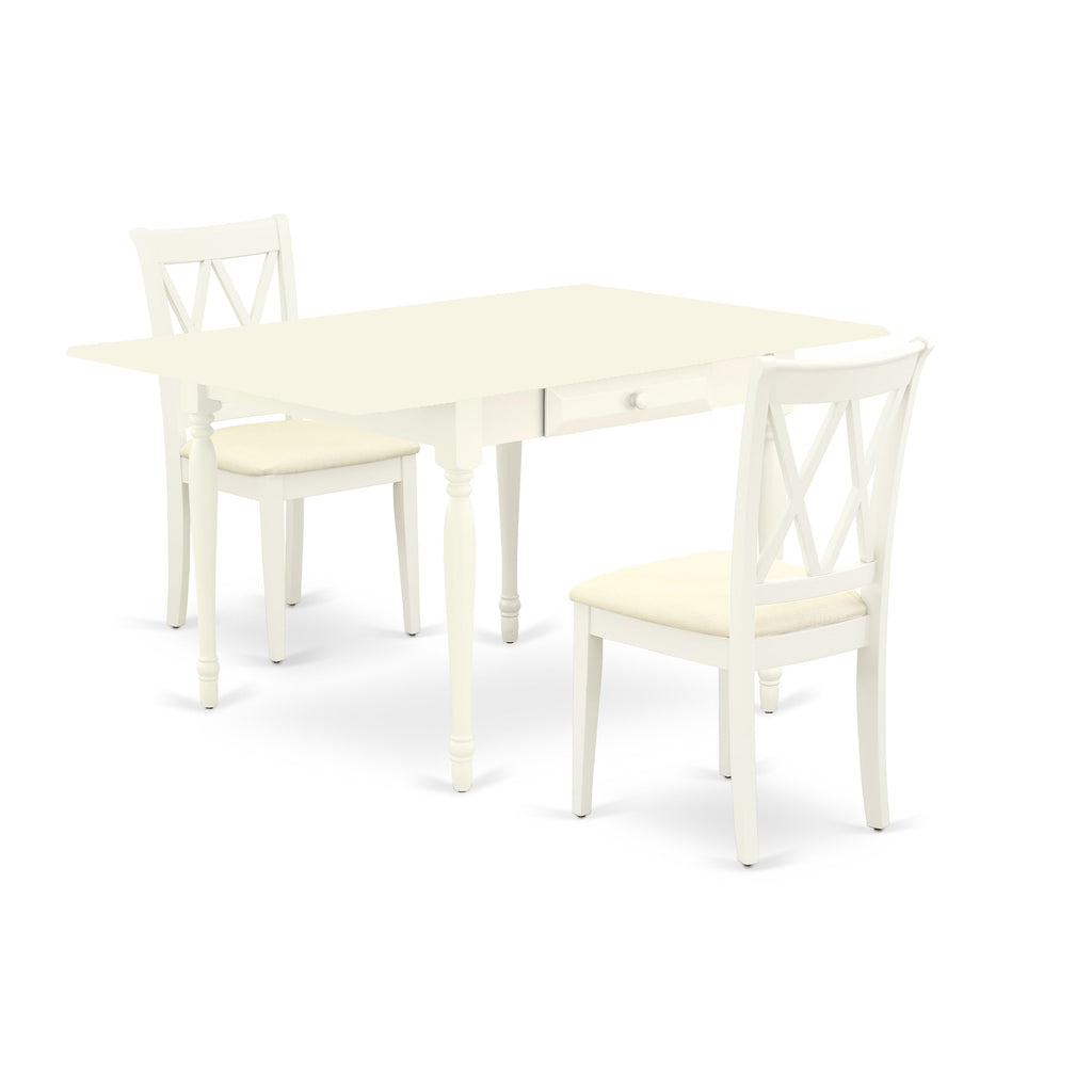 East West Furniture MZCL3-LWH-C 3 Piece Modern Dining Table Set Contains a Rectangle Wooden Table with Dropleaf and 2 Linen Fabric Kitchen Dining Chairs, 36x54 Inch, Linen White