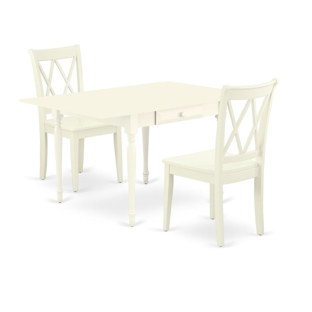 East West Furniture MZCL3-LWH-W 3 Piece Dinette Set for Small Spaces Contains a Rectangle Dining Table with Dropleaf and 2 Dining Chairs, 36x54 Inch, Linen White