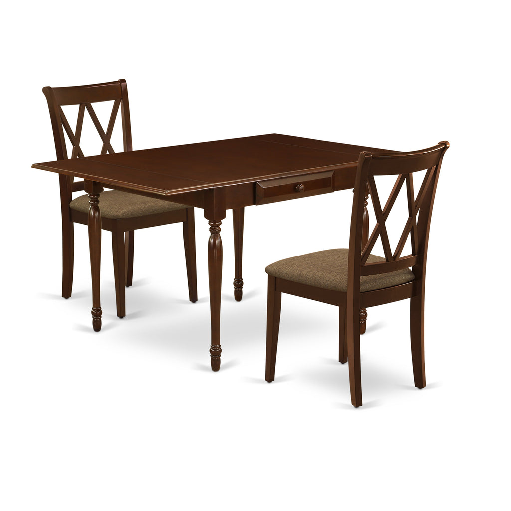East West Furniture MZCL3-MAH-C 3 Piece Dining Table Set for Small Spaces Contains a Rectangle Dining Room Table with Dropleaf and 2 Linen Fabric Upholstered Chairs, 36x54 Inch, Mahogany