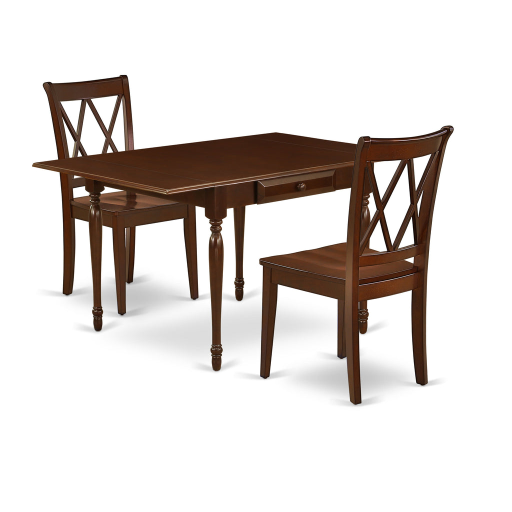 East West Furniture MZCL3-MAH-W 3 Piece Kitchen Table Set for Small Spaces Contains a Rectangle Dining Room Table with Dropleaf and 2 Solid Wood Seat Chairs, 36x54 Inch, Mahogany