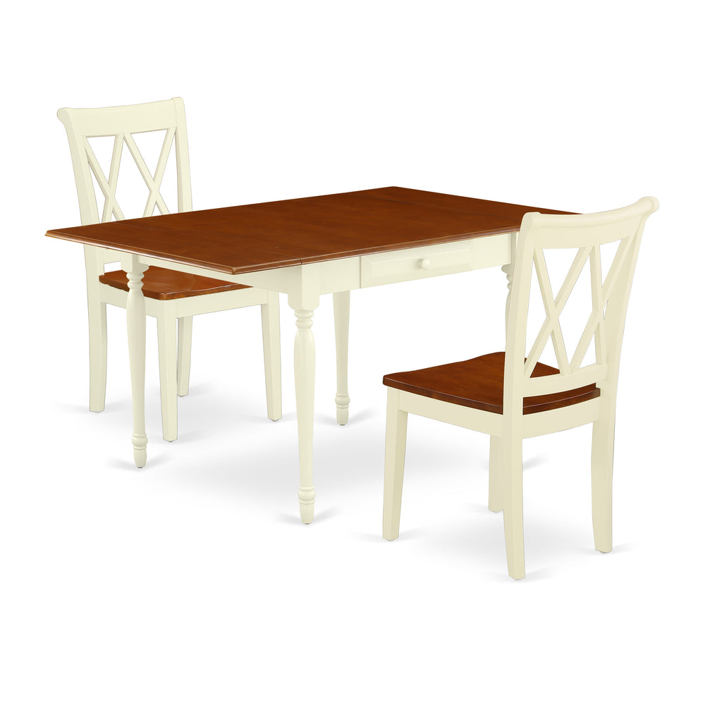 East West Furniture MZCL3-WHI-W 3 Piece Dining Room Table Set Contains a Rectangle Kitchen Table with Dropleaf and 2 Dining Chairs, 36x54 Inch, Buttermilk & Cherry