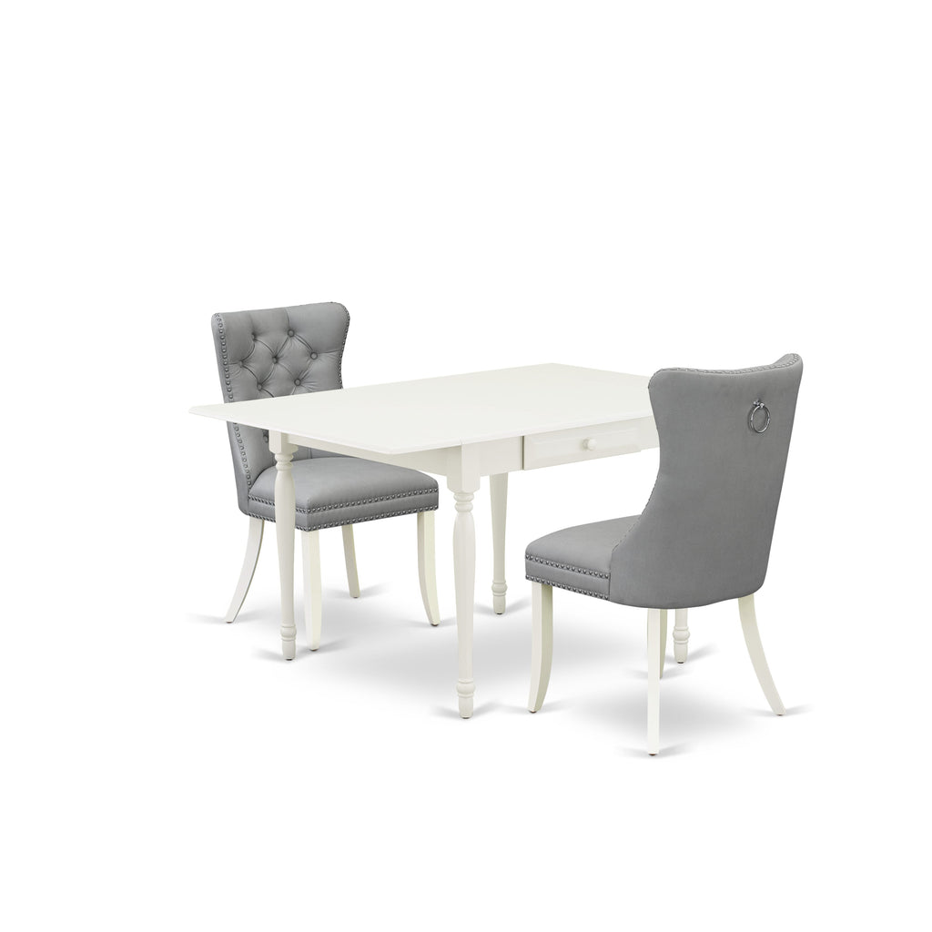 East West Furniture MZDA3-LWH-27 3 Piece Dining Table Set Includes a Rectangle Kitchen Table with Dropleaf and 2 Upholstered Chairs, 36x54 Inch, linen white