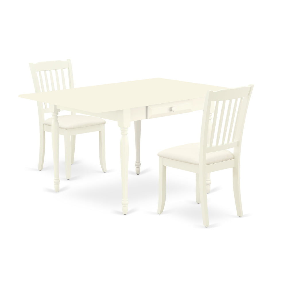 East West Furniture MZDA3-LWH-C 3 Piece Dining Room Table Set Contains a Rectangle Kitchen Table with Dropleaf and 2 Linen Fabric Upholstered Dining Chairs, 36x54 Inch, Linen White