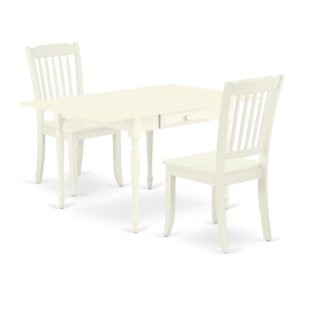 East West Furniture MZDA3-LWH-W 3 Piece Dining Room Furniture Set Contains a Rectangle Kitchen Table with Dropleaf and 2 Dining Chairs, 36x54 Inch, Linen White
