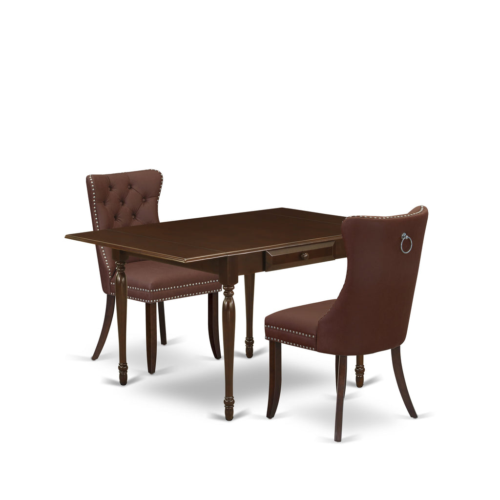 East West Furniture MZDA3-MAH-26 3 Piece Dining Room Table Set Includes a Rectangle Kitchen Table with Dropleaf and 2 Upholstered Chairs, 36x54 Inch, Mahogany