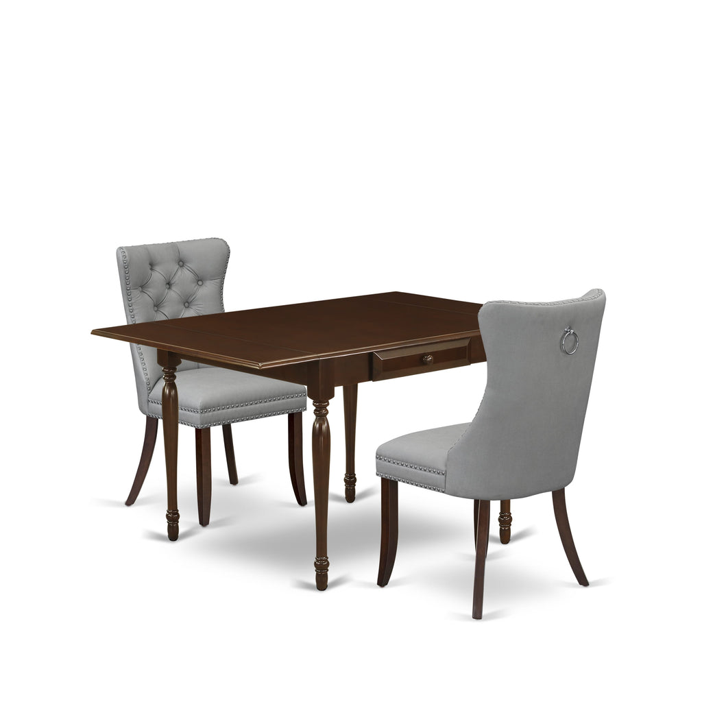 East West Furniture MZDA3-MAH-27 3 Piece Kitchen Table Set Includes a Rectangle Dining Table with Dropleaf and 2 Upholstered Chairs, 36x54 Inch, Mahogany