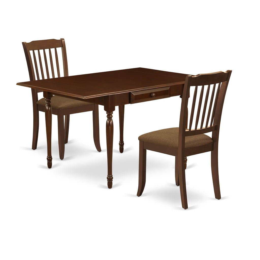 East West Furniture MZDA3-MAH-C 3 Piece Kitchen Table Set for Small Spaces Contains a Rectangle Dining Table with Dropleaf and 2 Linen Fabric Upholstered Chairs, 36x54 Inch, Mahogany