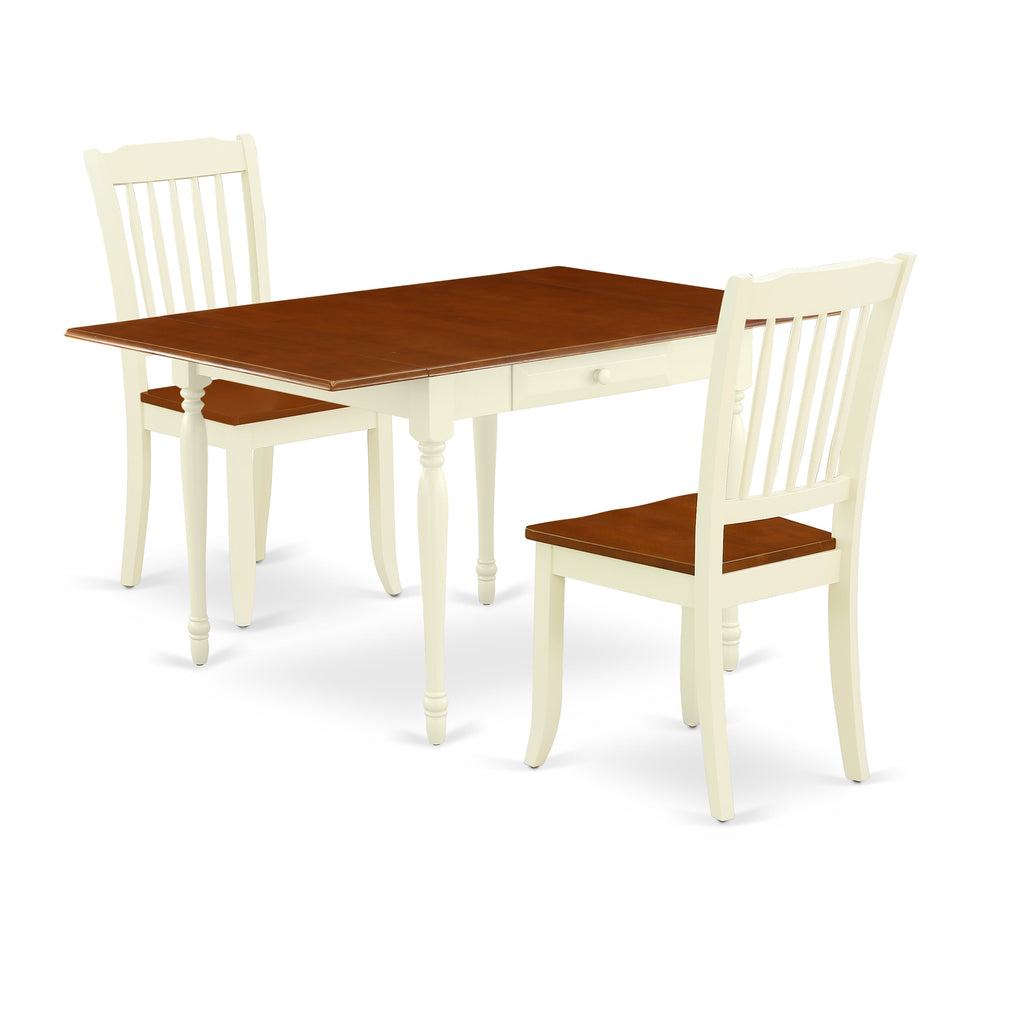 East West Furniture MZDA3-WHI-W 3 Piece Dining Table Set for Small Spaces Contains a Rectangle Dining Room Table with Dropleaf and 2 Wooden Seat Chairs, 36x54 Inch, Buttermilk & Cherry