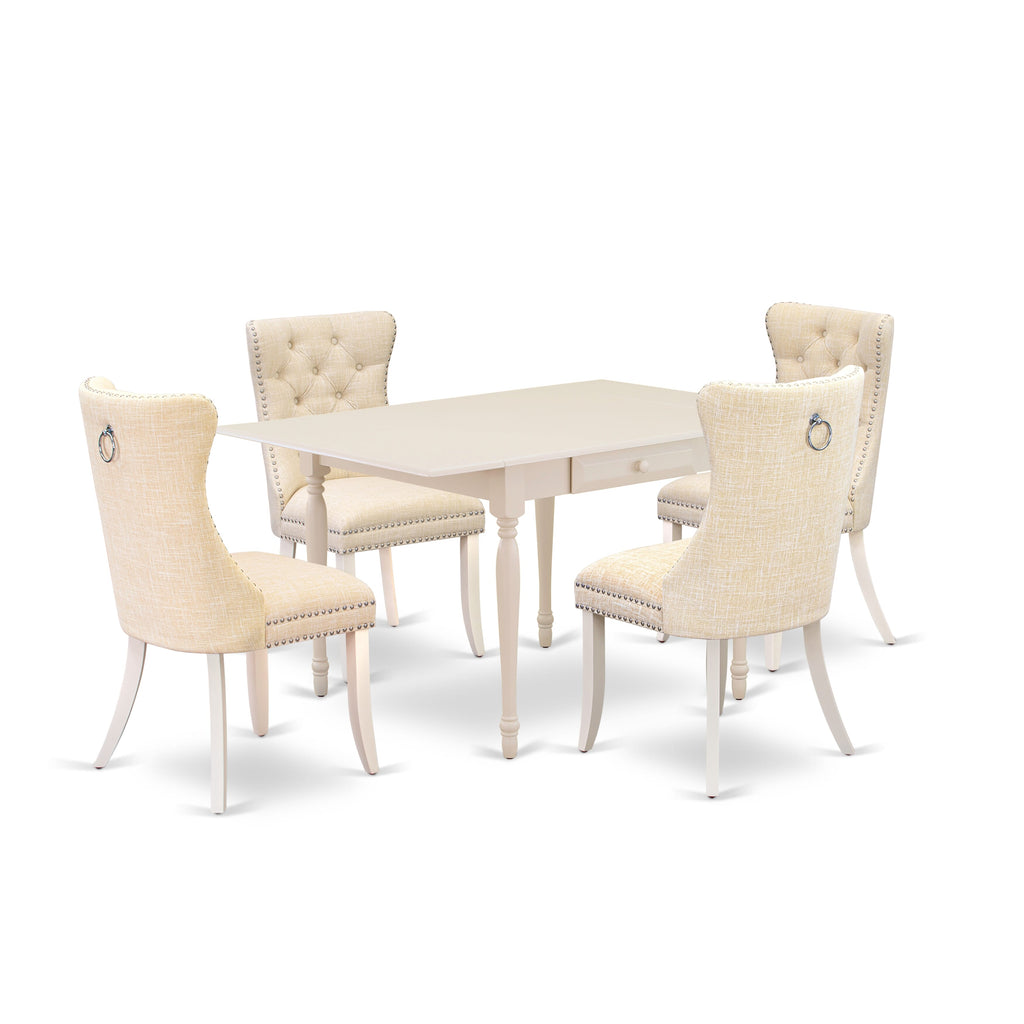 East West Furniture MZDA5-LWH-32 5 Piece Dining Table Set Contains a Rectangle Kitchen Table with Dropleaf and 4 Upholstered Chairs, 36x54 Inch, linen white