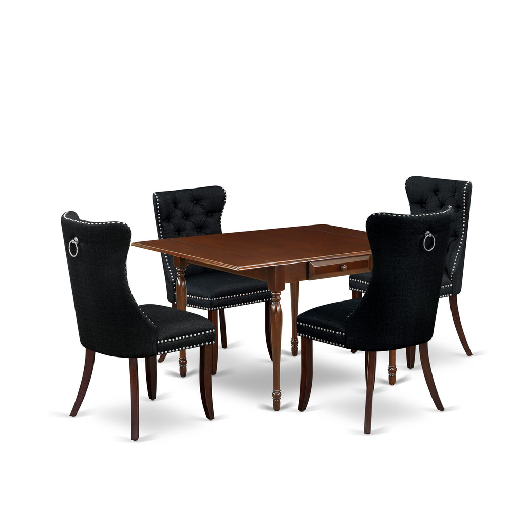 East West Furniture MZDA5-MAH-24 5 Piece Dining Table Set Consists of a Rectangle Kitchen Table with Dropleaf and 4 Upholstered Chairs, 36x54 Inch, Mahogany