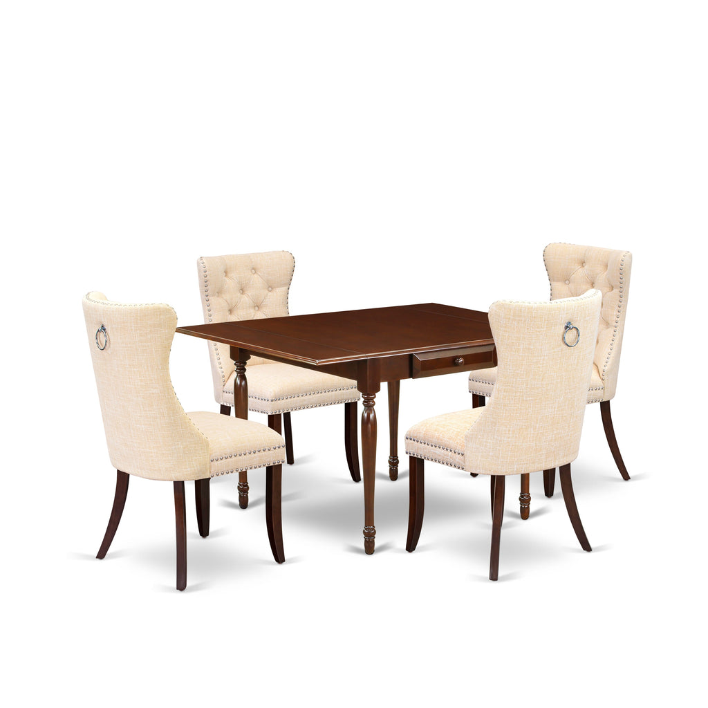 East West Furniture MZDA5-MAH-32 5 Piece Kitchen Table Set Contains a Rectangle Dining Table with Dropleaf and 4 Upholstered Chairs, 36x54 Inch, Mahogany