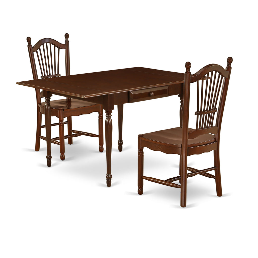 East West Furniture MZDO3-MAH-W 3 Piece Dining Room Furniture Set Contains a Rectangle Kitchen Table with Dropleaf and 2 Dining Chairs, 36x54 Inch, Mahogany