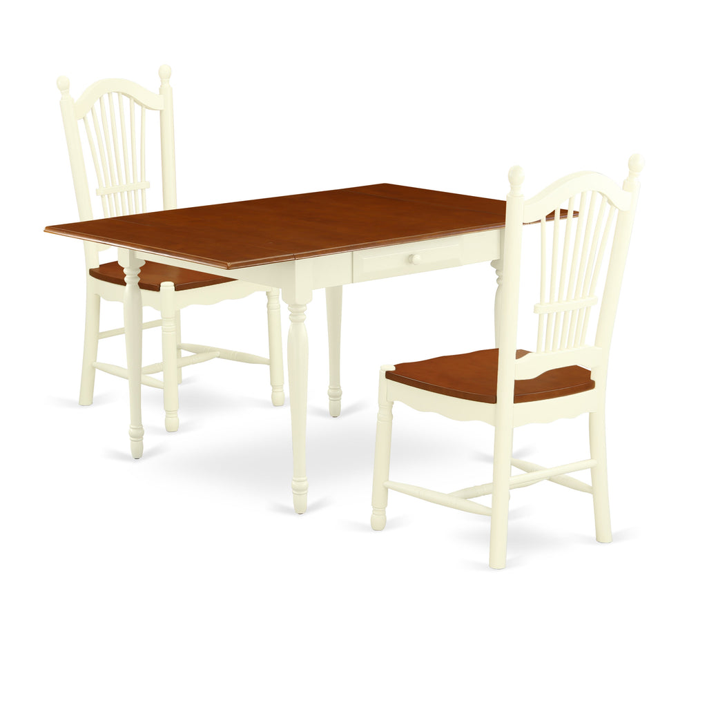 East West Furniture MZDO3-WHI-W 3 Piece Dining Set Contains a Rectangle Dining Room Table with Dropleaf and 2 Wood Seat Chairs, 36x54 Inch, Buttermilk & Cherry