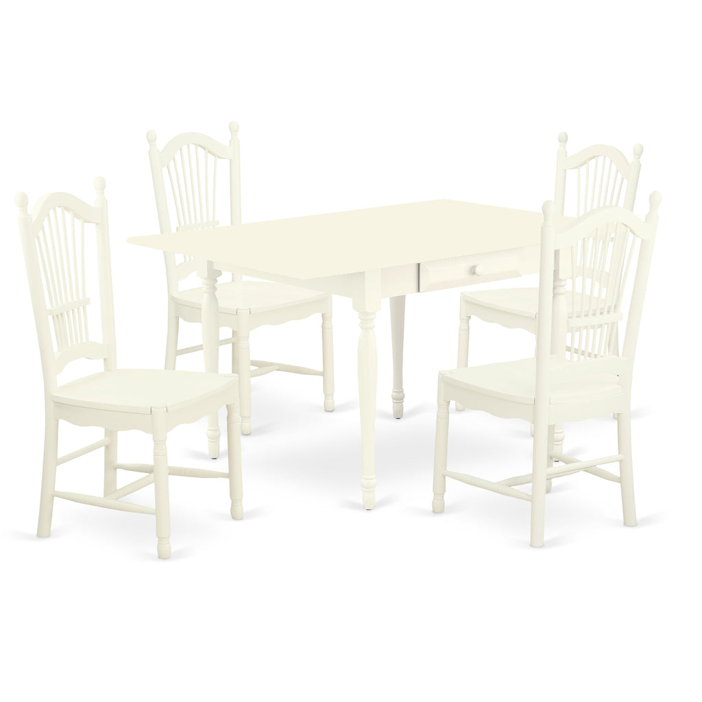 East West Furniture MZDO5-LWH-W 5 Piece Kitchen Table & Chairs Set Includes a Rectangle Dining Room Table with Dropleaf and 4 Dining Chairs, 36x54 Inch, Linen White