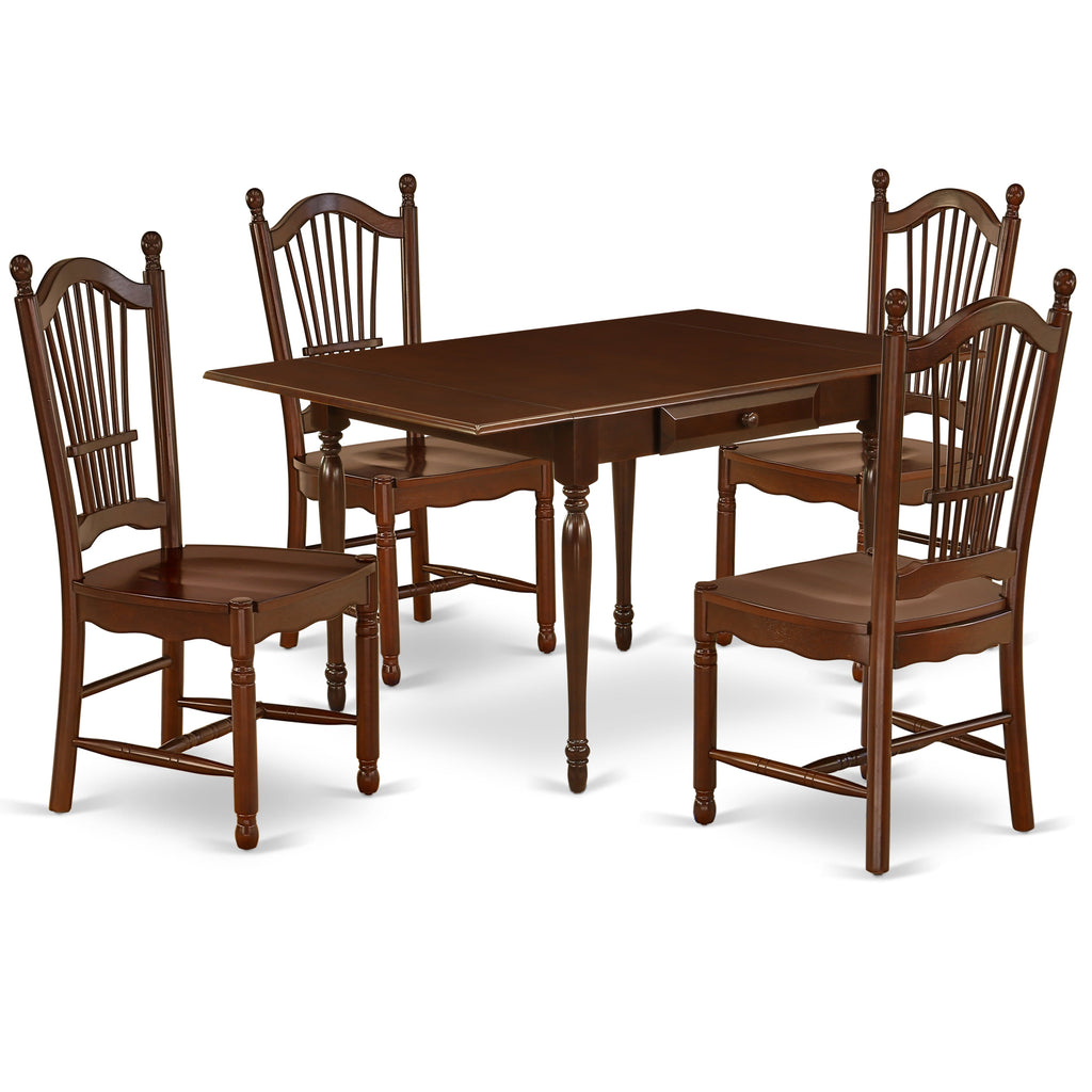 East West Furniture MZDO5-MAH-W 5 Piece Dining Room Table Set Includes a Rectangle Kitchen Table with Dropleaf and 4 Dining Chairs, 36x54 Inch, Mahogany