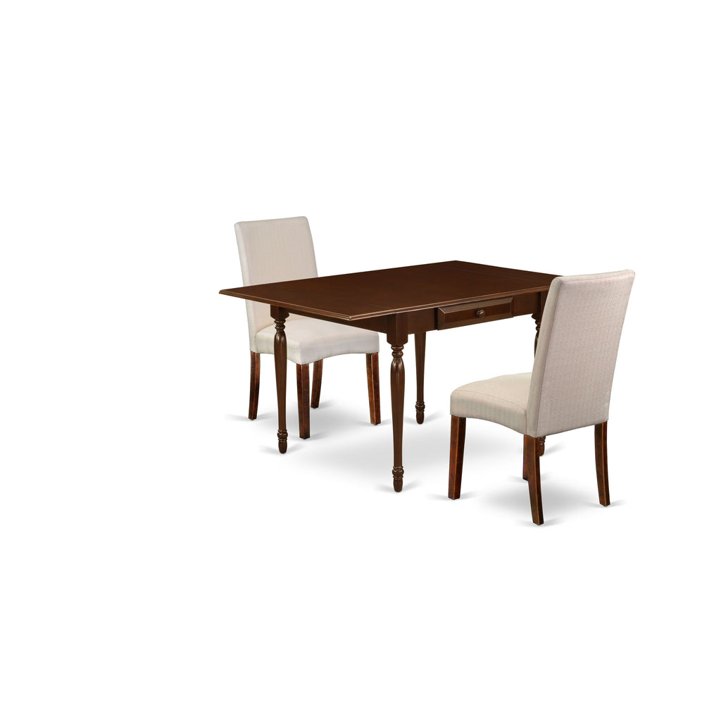 East West Furniture MZDR3-MAH-01 3 Piece Dinette Set for Small Spaces Contains a Rectangle Dining Table with Dropleaf and 2 Cream Linen Fabric Parson Chairs, 36x54 Inch, Mahogany