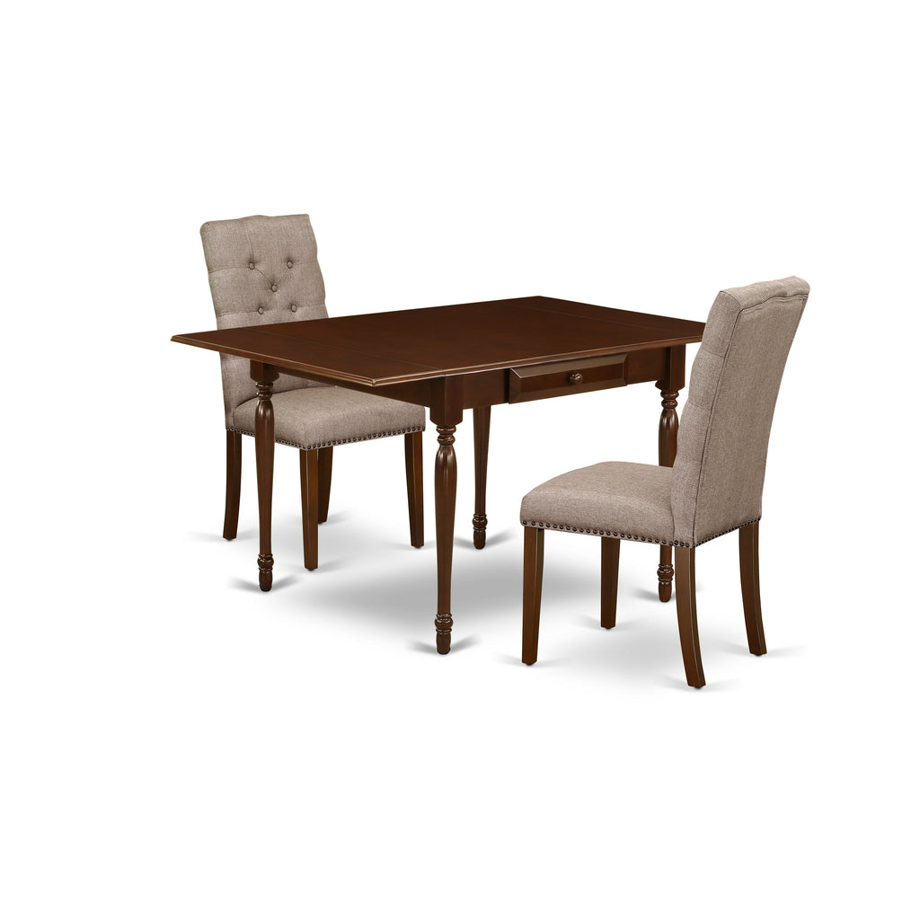 East West Furniture MZEL3-MAH-16 3 Piece Dining Set Contains a Rectangle Dining Room Table with Dropleaf and 2 Dark Khaki Linen Fabric Upholstered Chairs, 36x54 Inch, Mahogany