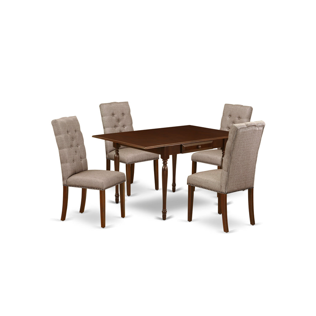 East West Furniture MZEL5-MAH-16 5 Piece Dining Set Includes a Rectangle Dining Room Table with Dropleaf and 4 Dark Khaki Linen Fabric Upholstered Chairs, 36x54 Inch, Mahogany