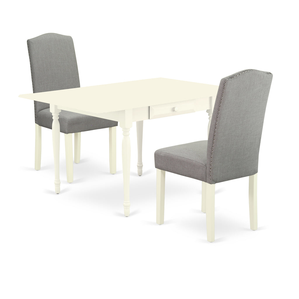 East West Furniture 1MZEN3-LWH-06 3 Piece Kitchen Table Set Contains a Rectangle Dining Room Table with Dropleaf and 2 Dark Shitake Linen Fabric Parsons Chairs, 36x54 Inch, Linen White