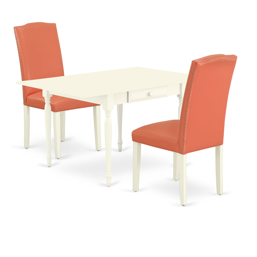 East West Furniture MZEN3-LWH-78 3 Piece Dining Room Furniture Set Contains a Rectangle Dining Table with Dropleaf and 2 Pink Flamingo Faux Leather Parsons Chairs, 36x54 Inch, Linen White