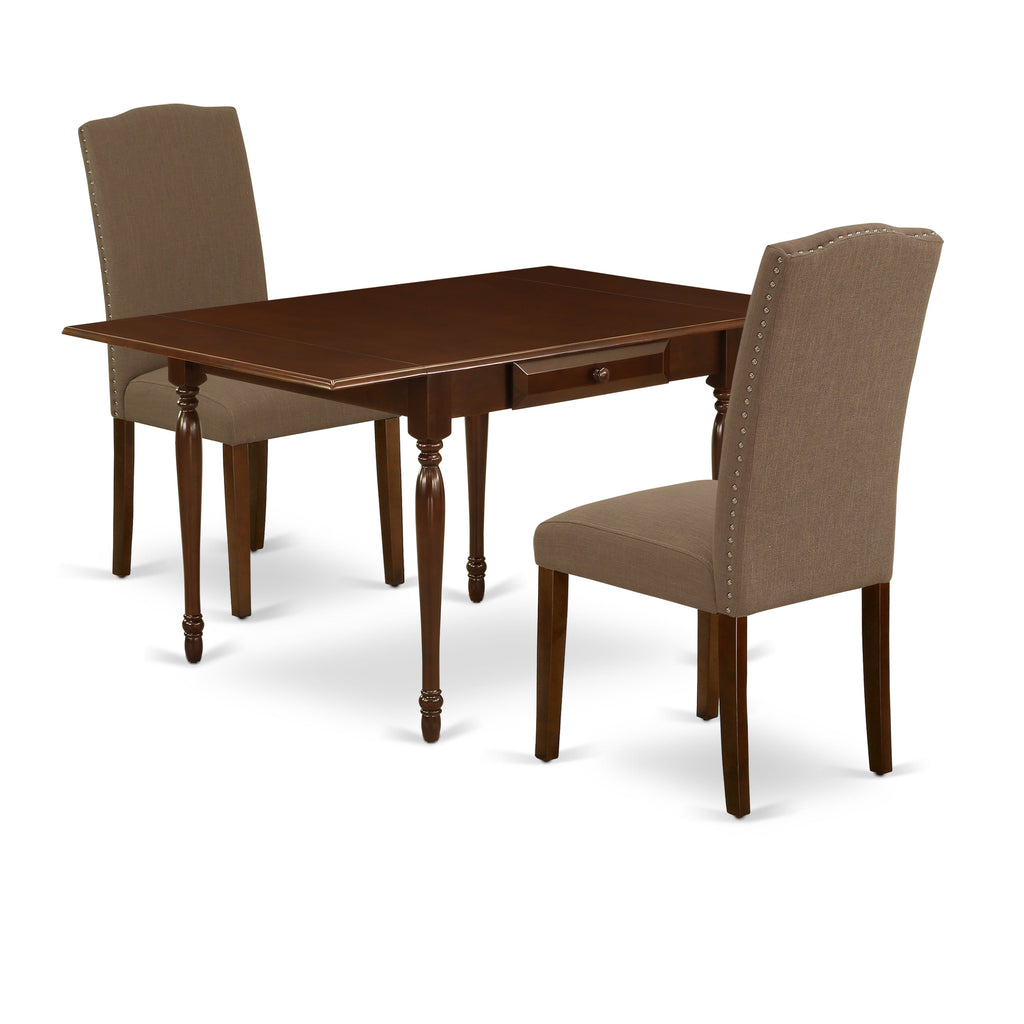 East West Furniture MZEN3-MAH-18 3 Piece Kitchen Table & Chairs Set Contains a Rectangle Dining Table with Dropleaf and 2 Dark Coffee Linen Fabric Parsons Chairs, 36x54 Inch, Mahogany