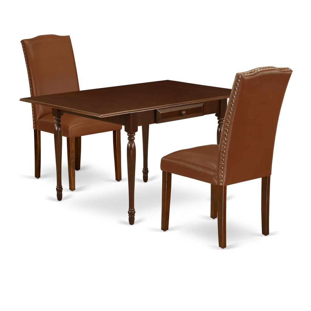 East West Furniture MZEN3-MAH-66 3 Piece Dining Room Table Set Contains a Rectangle Kitchen Table with Dropleaf and 2 Brown Faux Faux Leather Parson Dining Chairs, 36x54 Inch, Mahogany