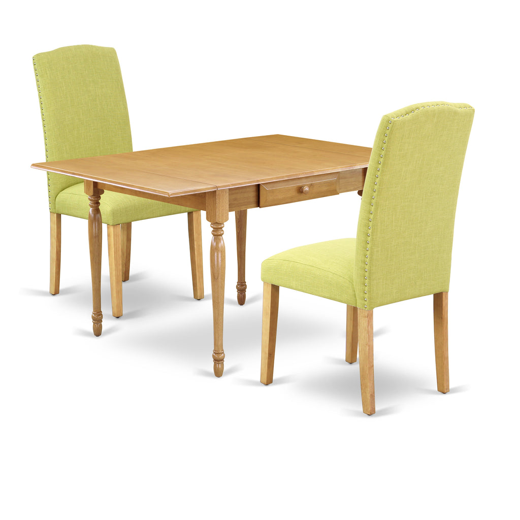 East West Furniture MZEN3-OAK-07 3 Piece Dining Table Set Contains a Rectangle Dining Room Table with Dropleaf and 2 Limelight Linen Fabric Upholstered Chairs, 36x54 Inch, Oak