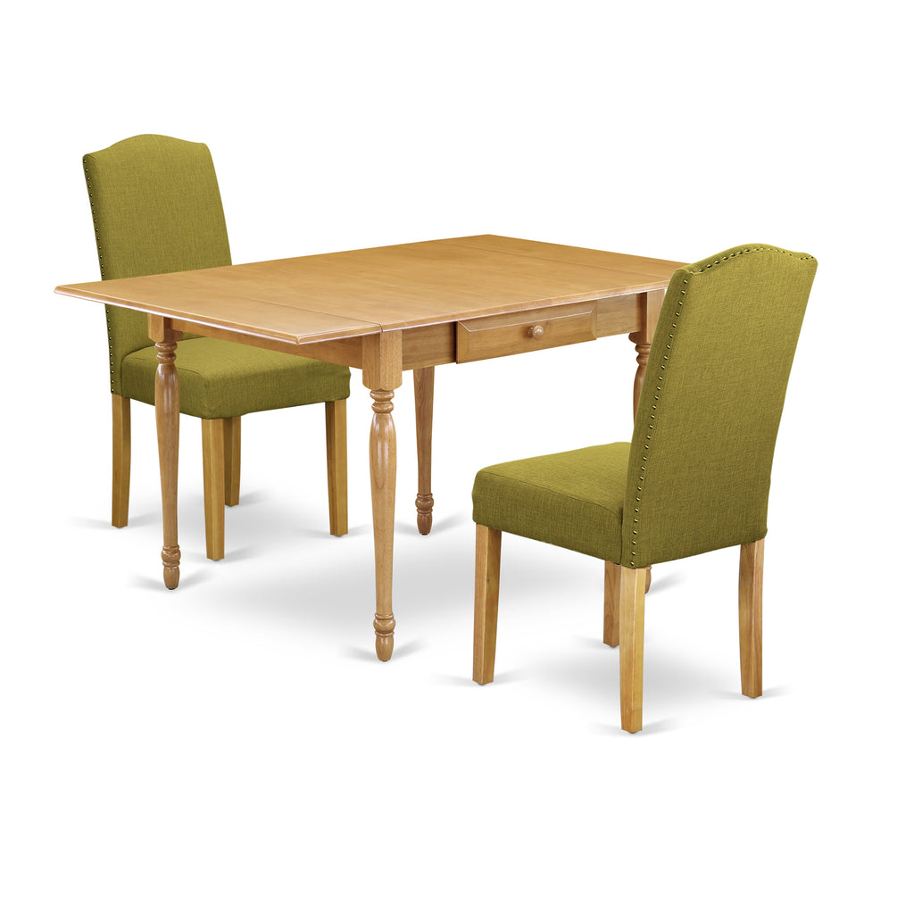 East West Furniture MZEN3-OAK-08 3 Piece Modern Dining Table Set Contains a Rectangle Wooden Table with Dropleaf and 2 Linen Fabric Parson Dining Room Chairs, 36x54 Inch, Oak