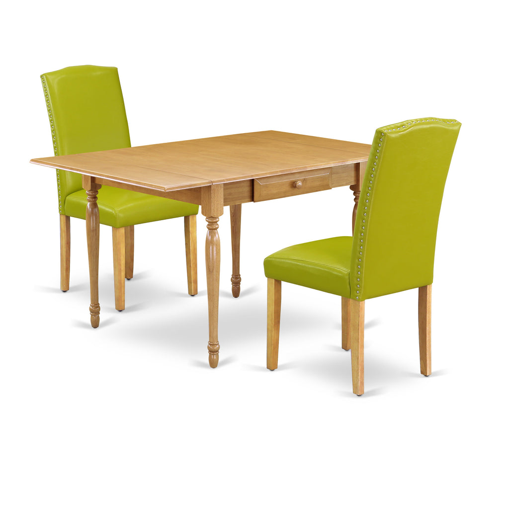 East West Furniture MZEN3-OAK-51 3 Piece Dining Room Table Set Contains a Rectangle Dining Table with Dropleaf and 2 Autumn Green Faux Leather Upholstered Chairs, 36x54 Inch, Oak