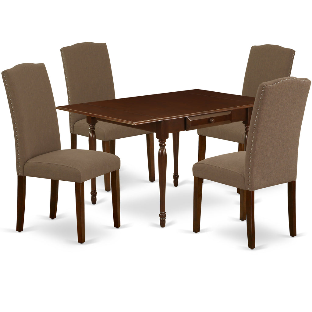 East West Furniture MZEN5-MAH-18 5 Piece Modern Dining Table Set Includes a Rectangle Wooden Table with Dropleaf and 4 Dark Coffee Linen Fabric Parson Dining Chairs, 36x54 Inch, Mahogany