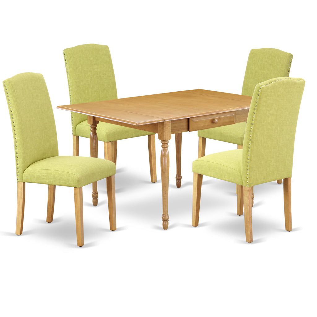 East West Furniture MZEN5-OAK-07 5 Piece Dining Table Set Includes a Rectangle Kitchen Table with Dropleaf and 4 Limelight Linen Fabric Parson Dining Room Chairs, 36x54 Inch, Oak