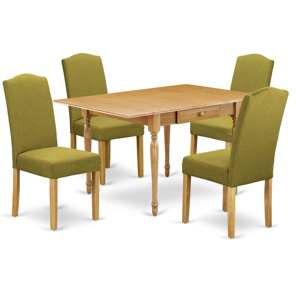East West Furniture MZEN5-OAK-08 5 Piece Modern Dining Table Set Includes a Rectangle Wooden Table with Dropleaf and 4 Linen Fabric Parson Chairs, 36x54 Inch, Oak