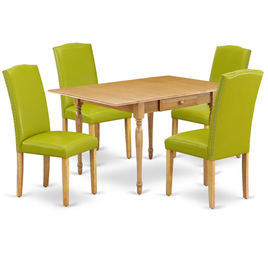 East West Furniture MZEN5-OAK-51 5 Piece Dining Room Set Includes a Rectangle Dining Table with Dropleaf and 4 Autumn Green Faux Leather Parson Chairs, 36x54 Inch, Oak