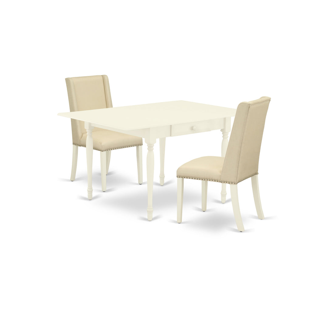 East West Furniture MZFL3-LWH-01 3 Piece Dining Set Contains a Rectangle Dining Room Table with Dropleaf and 2 Cream Linen Fabric Upholstered Chairs, 36x54 Inch, Linen White