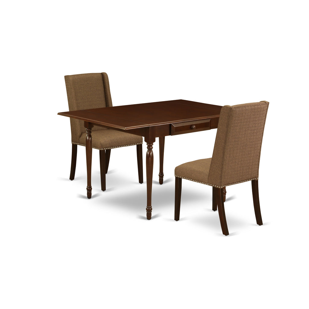 East West Furniture MZFL3-MAH-18 3 Piece Modern Dining Table Set Contains a Rectangle Wooden Table with Dropleaf and 2 Brown Linen Linen Fabric Parson Dining Chairs, 36x54 Inch, Mahogany