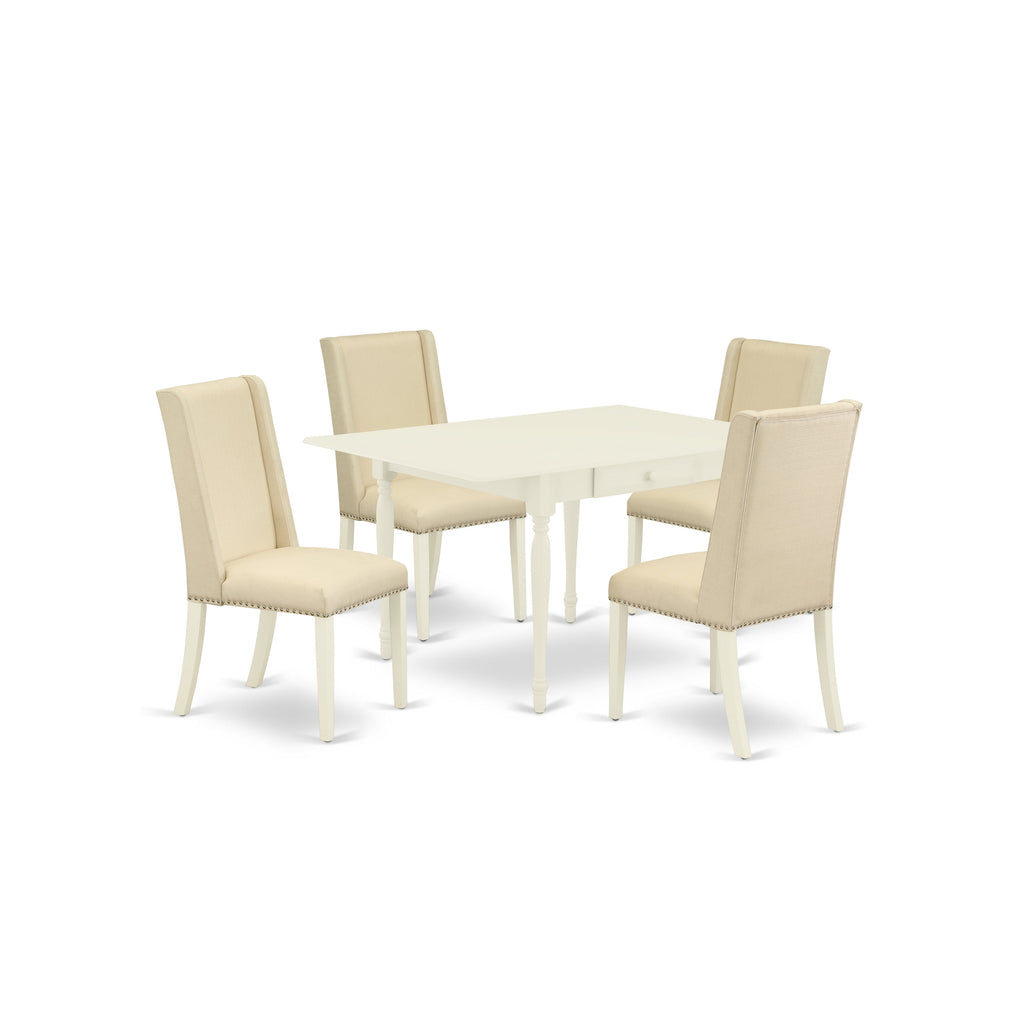 East West Furniture MZFL5-LWH-01 5 Piece Kitchen Table Set for 4 Includes a Rectangle Dining Table with Dropleaf and 4 Cream Linen Fabric Parson Dining Chairs, 36x54 Inch, Linen White