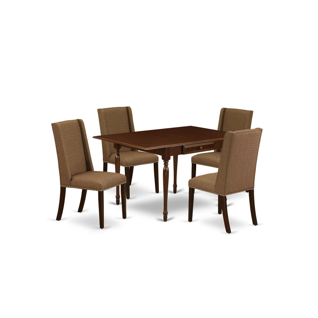 East West Furniture MZFL5-MAH-18 5 Piece Modern Dining Table Set Includes a Rectangle Wooden Table with Dropleaf and 4 Brown Linen Linen Fabric Upholstered Chairs, 36x54 Inch, Mahogany