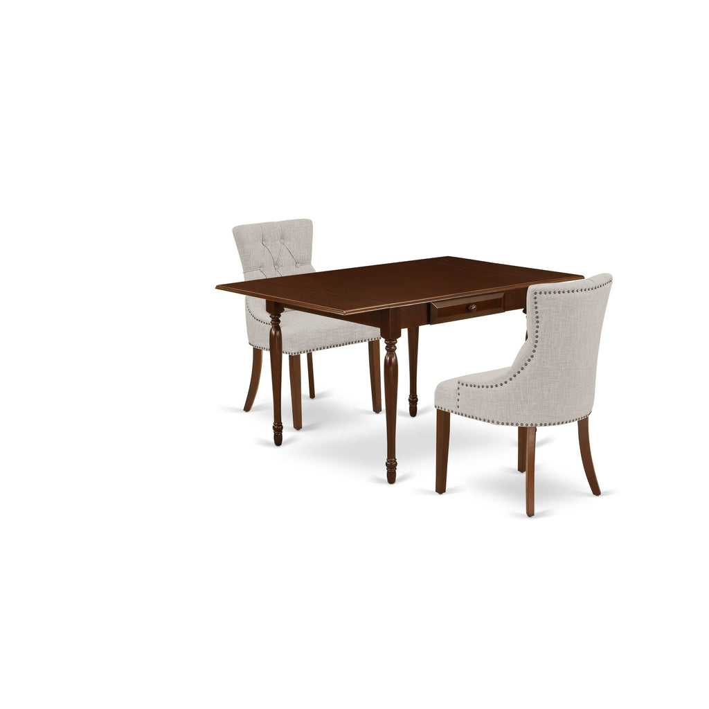 East West Furniture MZFR3-MAH-05 3 Piece Kitchen Table & Chairs Set Contains a Rectangle Dining Room Table with Dropleaf and 2 Doeskin Linen Fabric Parson Chairs, 36x54 Inch, Mahogany