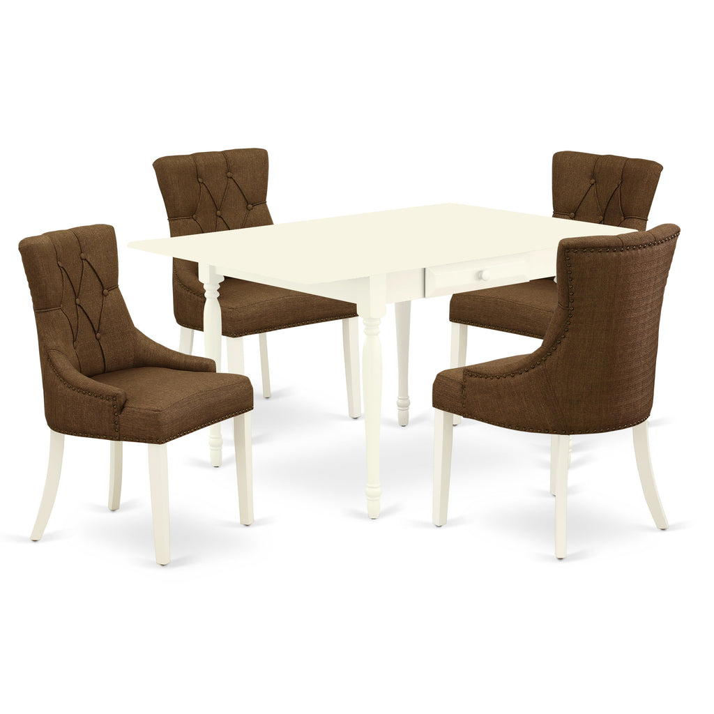 East West Furniture MZFR5-LWH-18 5 Piece Dining Table Set Includes a Rectangle Dining Room Table with Dropleaf and 4 Brown Linen Linen Fabric Upholstered Chairs, 36x54 Inch, Linen White