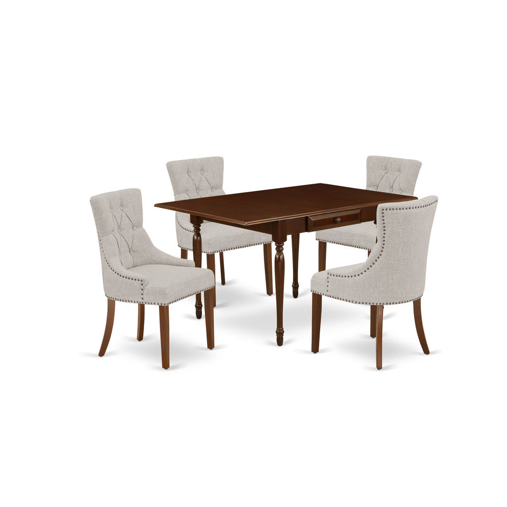 East West Furniture MZFR5-MAH-05 5 Piece Modern Dining Table Set Includes a Rectangle Wooden Table with Dropleaf and 4 Doeskin Linen Fabric Parson Dining Chairs, 36x54 Inch, Mahogany