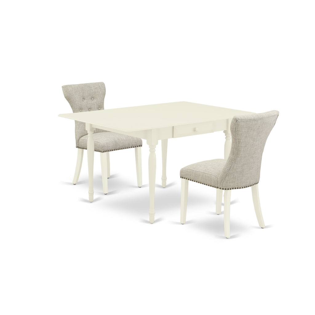 East West Furniture MZGA3-LWH-35 3 Piece Dining Room Furniture Set Contains a Rectangle Dining Table with Dropleaf and 2 Doeskin Linen Fabric Parsons Chairs, 36x54 Inch, Linen White